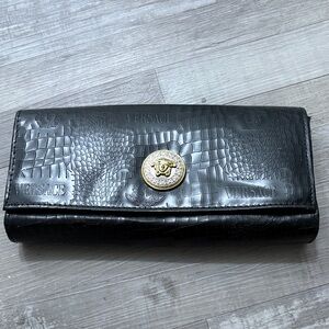 Versace Black Embossed Leather Clutch with Gold Medallion